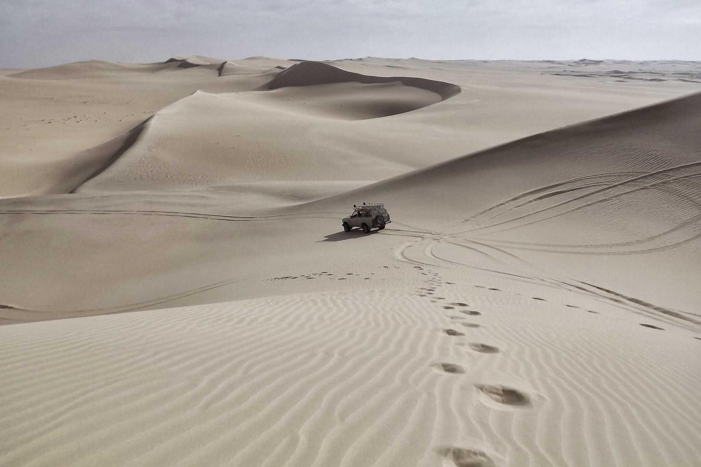 Footprints crossing a ridge of pale desert dunes